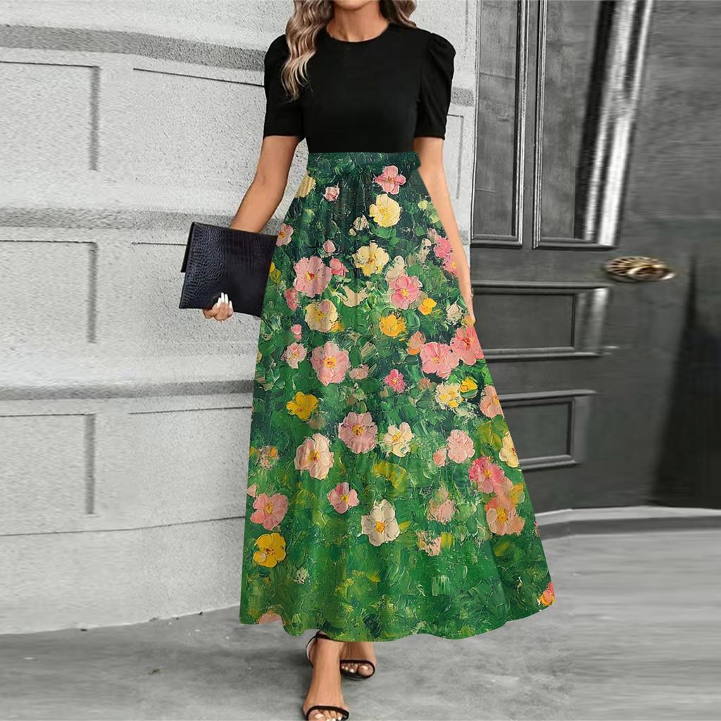 Women's Fashionable Casual Belt Short Sleeved Round Neck Print Elegant Temperament Dress
