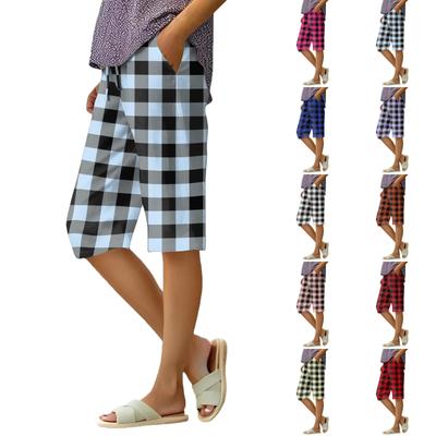 Shorts Sueltos de Verano para Mujer con Cintura Elástica y Lazo Estampado a Cuadros de Algodón y Lino