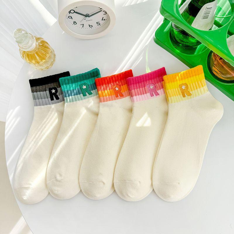 5 Pairs of Women's Spring and Summer Rainbow Letters Comfortable Breathable Preppy Short Socks