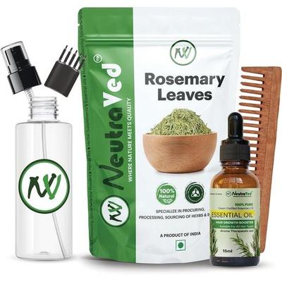 NeutraVed Rosemary Combo Pack - 15ml Rosemary Essential Oil + 100g Rosemery Leaves + Spray Bottle + Wooden Neem Comb 100% Pure & Natural