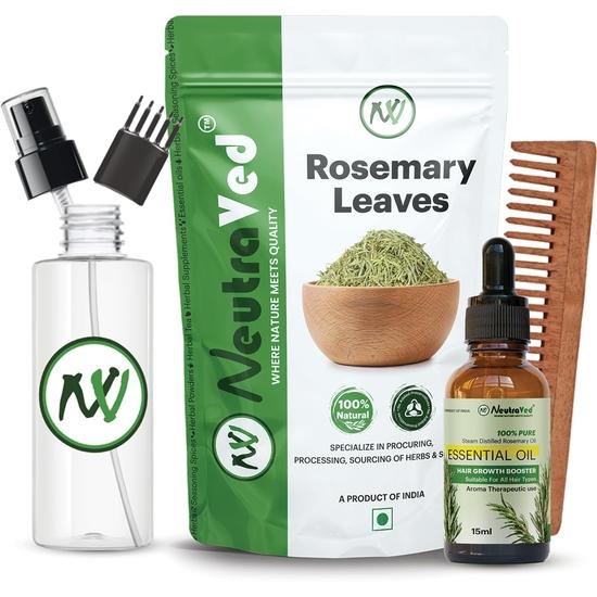 

NeutraVed Rosemary Combo Pack - 15ml Rosemary Essential Oil + 100g Rosemery Leaves + Spray Bottle + Wooden Neem Comb 100% Pure & Natural