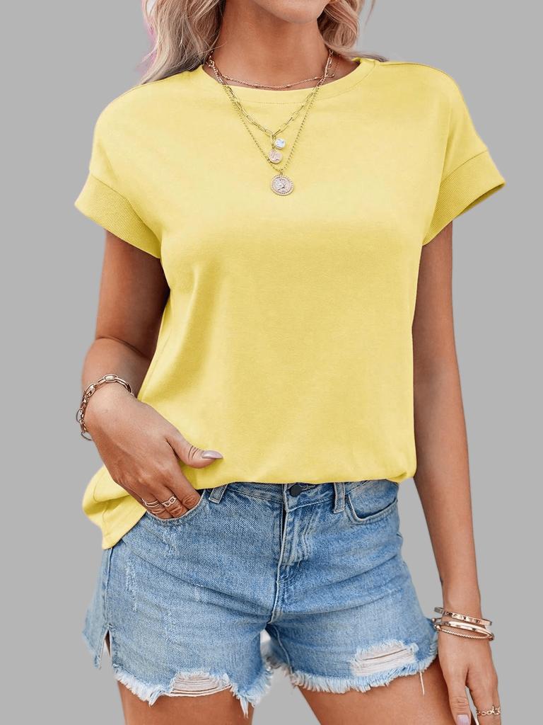 Women's Loose Basic Cap Sleeve T-Shirt Crew Neck Figure Friendly Summer Casual Top