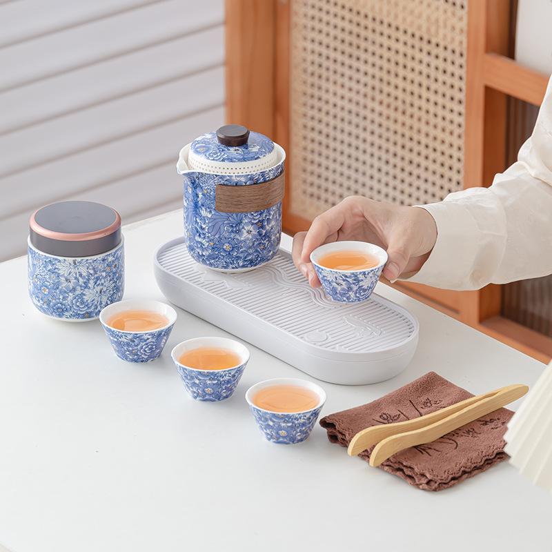Dehua white porcelain light luxury national style flower tea set Lingxue pot outdoor camping travel set business