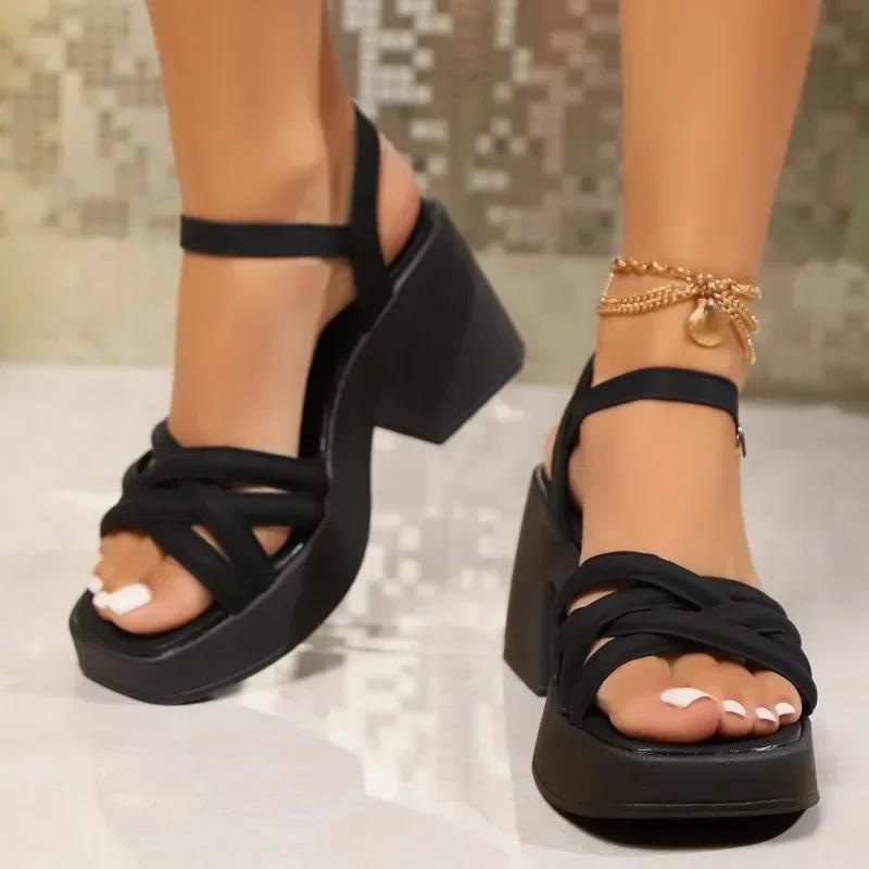 2024 Plataforma Sapatos Femininos Abertos Dedo Do Pé Sandálias Femininas Fivela Tira Vestido Sandálias Mulheres Plissado Faixa Estreita Sapatos De Salto Grosso Feminino