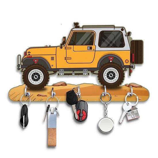Premium HD UV Printed Mahindra Thar Car Shape designer Wooden Key Holder Home And Office Decor, Wood, Yellow