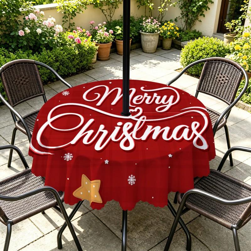 Outdoor Christmas Tablecloth Round Waterproof Oil-Resistant Patio Table Cover Garden Deck Umbrella Hole