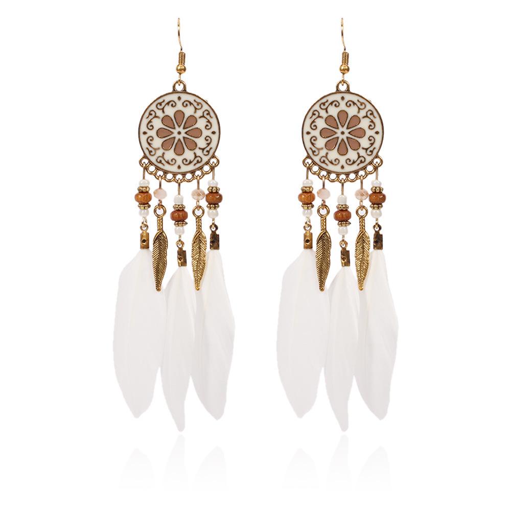 Bohemian Faux Silver Feather Tassel Mosquito Coil Earrings: Summer Retro Ethnic Ear Jewelry