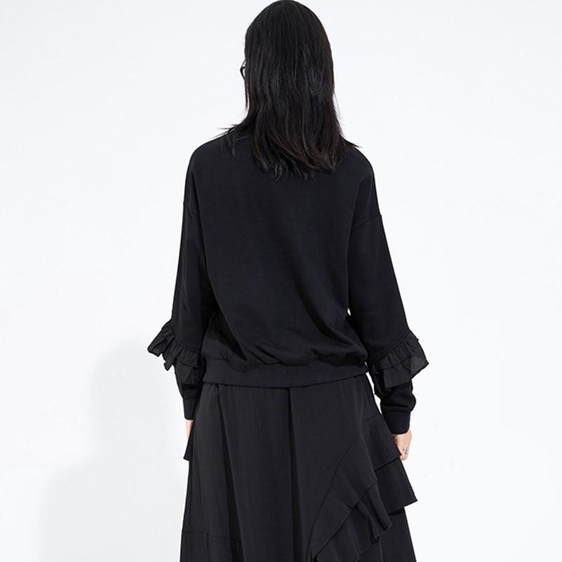 Top neri a maniche lunghe con balze, taglia oversized, da donna, casual, larghi, per primavera e autunno, felpa