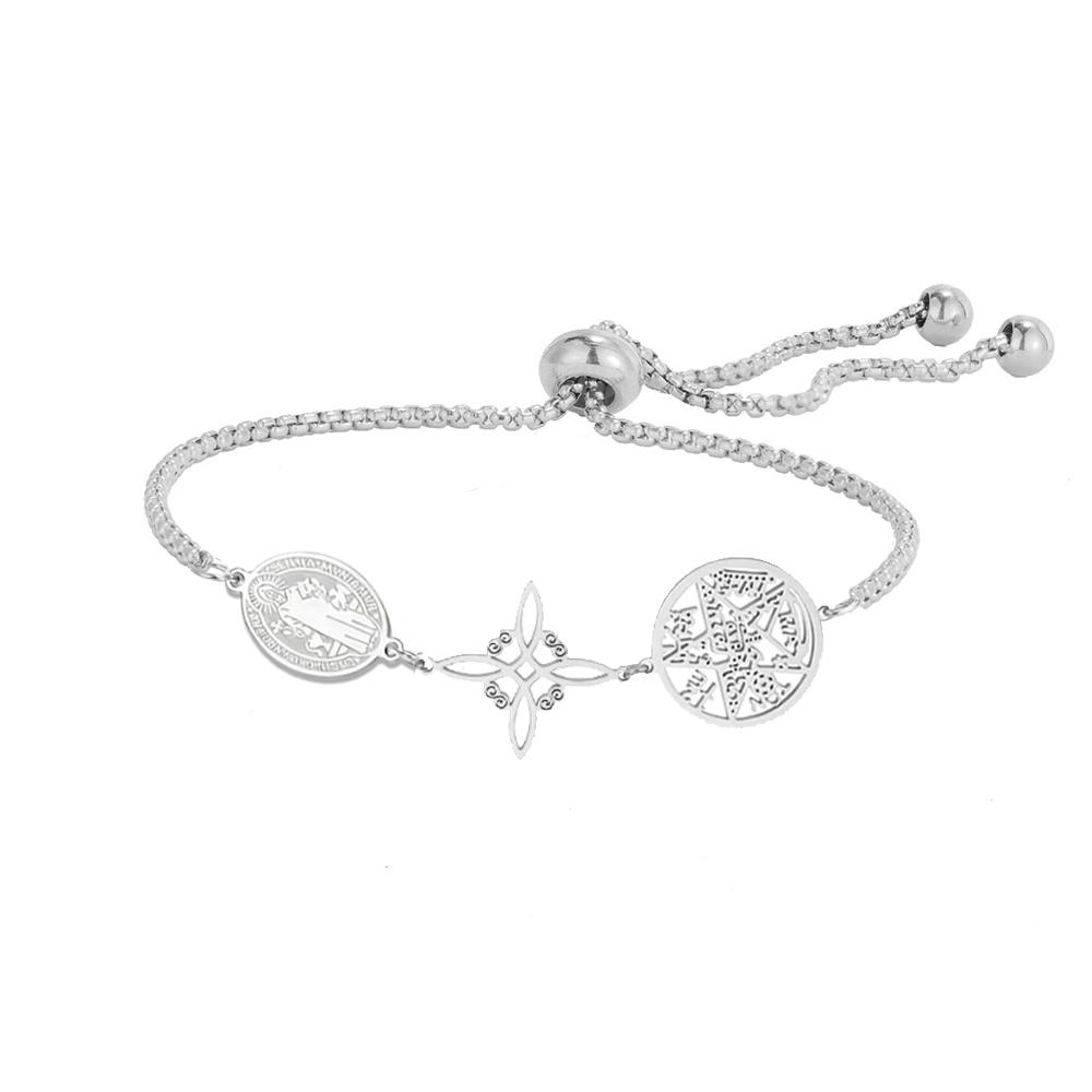 Triple Protection Bracelet St. Benedict Witch Knot Pentagram Tetragrammaton Stainless Steel Adjustable Bracelet