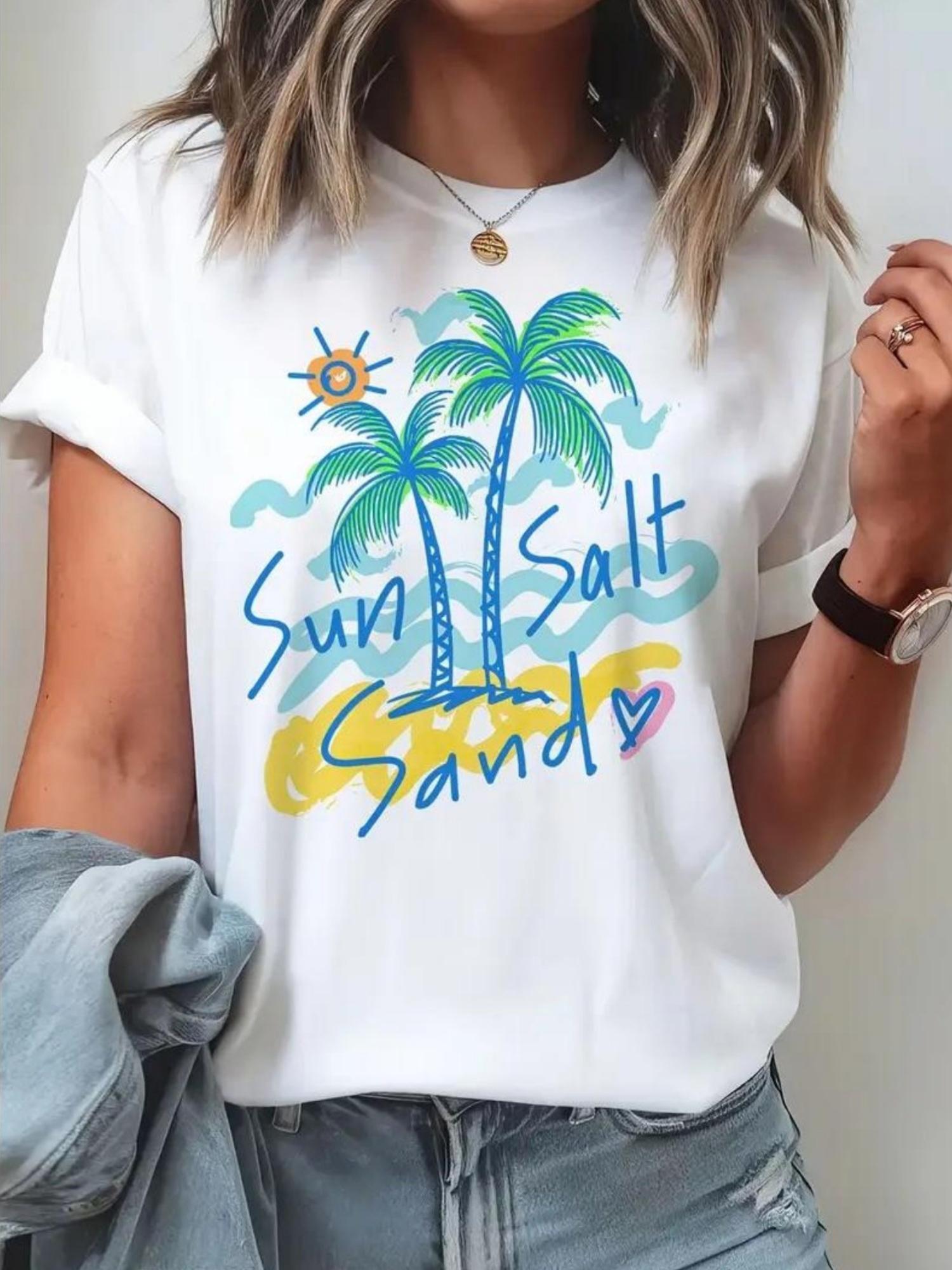 

Sun Sult Sand Summer Beach Print Summer Travel Leisure Round Neck Short Sleeved Womens Top Summer Fashion Tshirt Clothing S