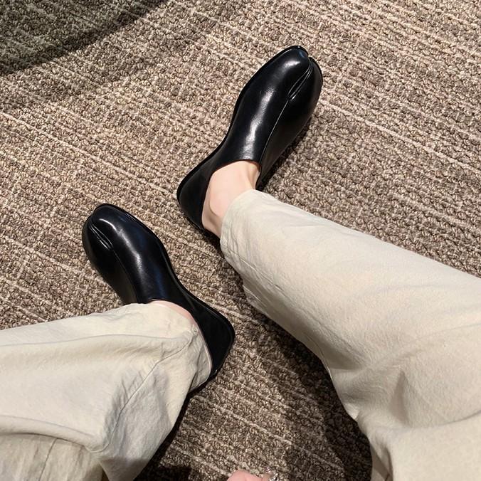 Leather Pig's Trotters Split-toed Shoes Flat Loafers Women's Single Shoes Retro Style One Pedal, Small Leather Shoes Flat Heels