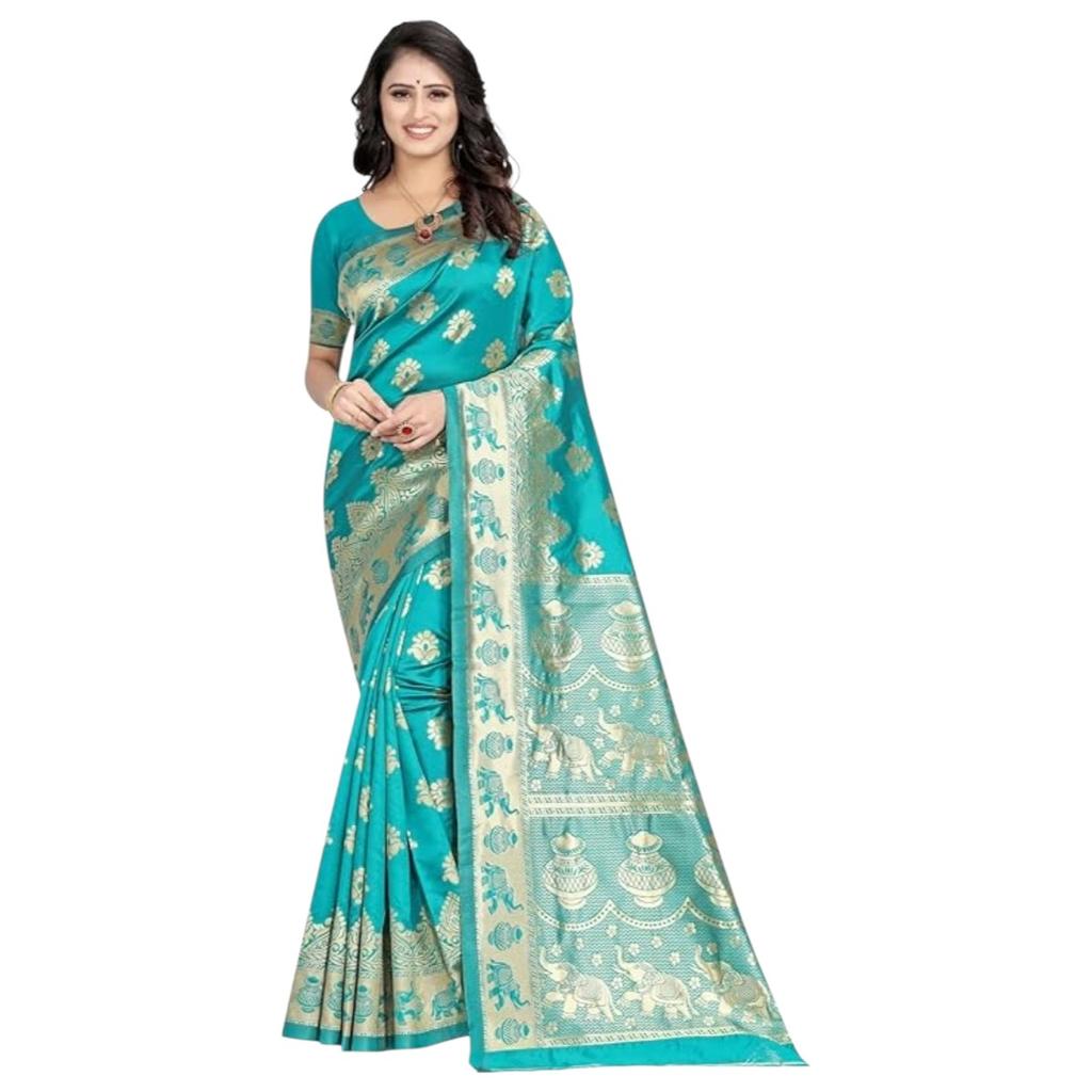 Шелковое сари Канджеварам, Kanjivaram Silk Saree for Wedding (Firozi), C J Enterprise