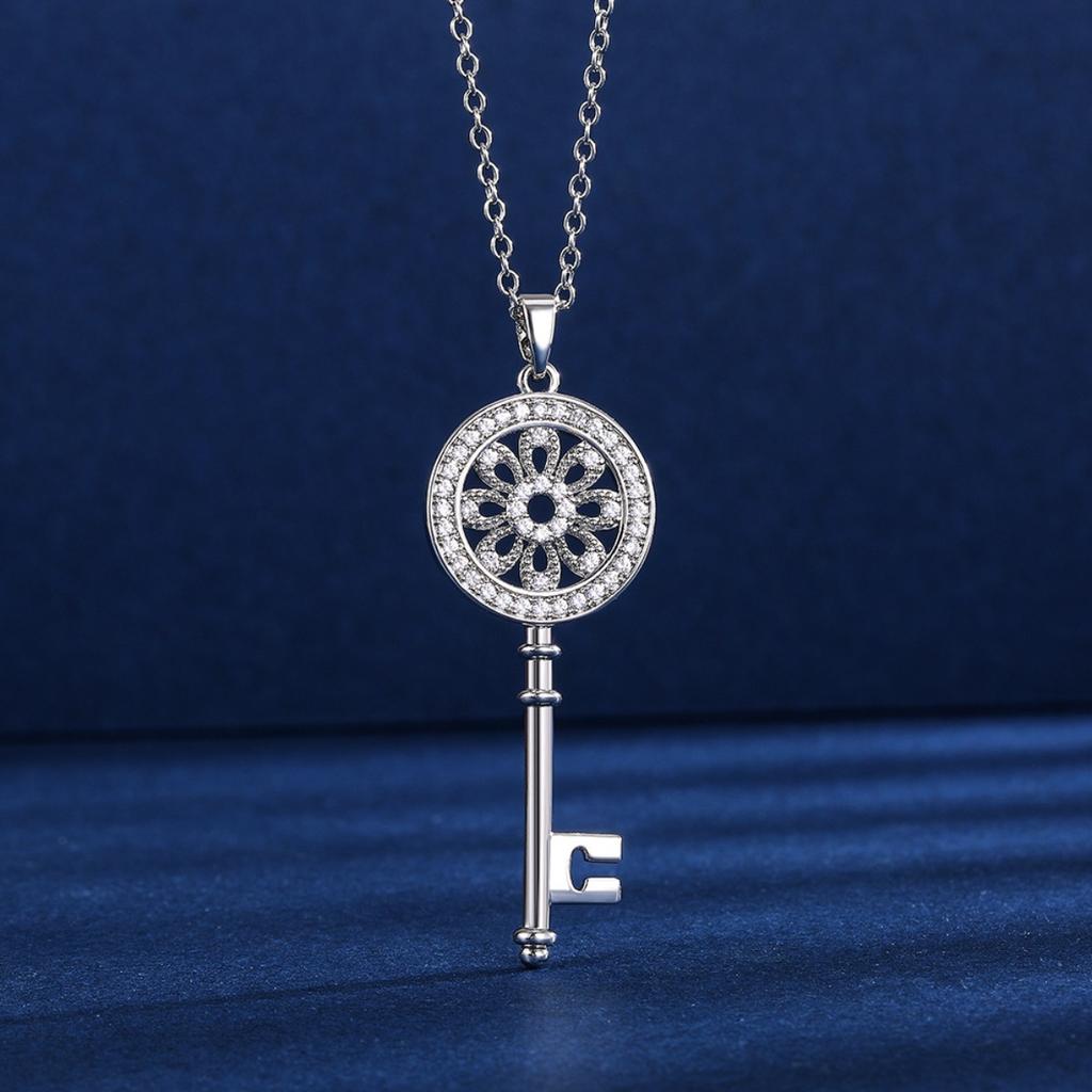 Hollow Floral Circle Key Pendant Cubic Zirconia Long Necklace