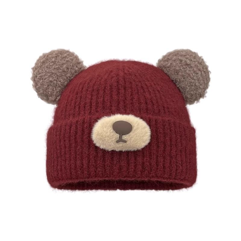 Cartoon Bear Knitted Wool Hat for Women In Autumn and Winter Thickened Warm and Cold Protection Cute Versatile Ear Protection Bag Head Cold Hat