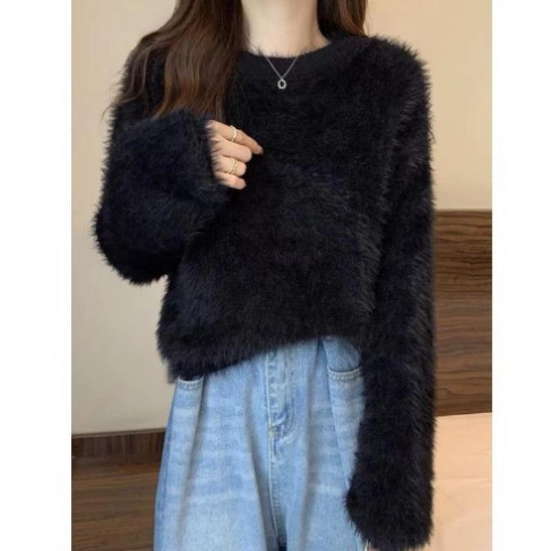 Autumn Winter Dopamine Sweet Soft Glutinous Short Sweater Loose Slimming Imitation Mink Fur Knitted Top for Women T-Shirts Women’s