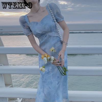 Summer Dresses French Retro Sweet Long Dresses Gentle Square Neck Bubble Sleeve Floral Dresses