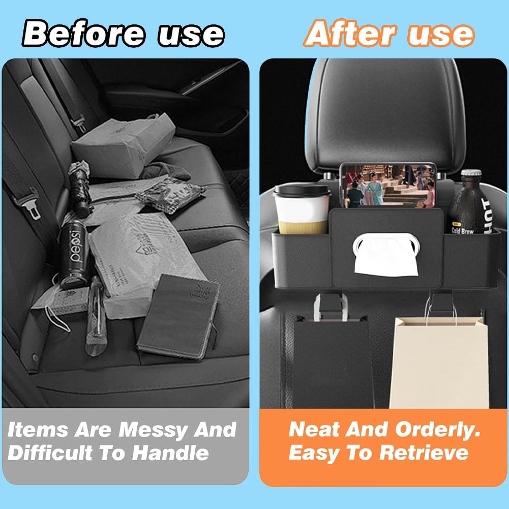 4-In-1 Car Seat Back Storage Bag with Tissue Cup Holder Vehicle Storage Box Hanging Hooks Car Seat Organizer Auto Accessories