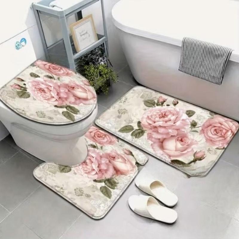 Set di Tappetini da Bagno Antiscivolo in Flanella Floreale Rosa Elegante 2D Piatto Ultra Assorbente Tappetino Decorativo per Pavimento da Cucina