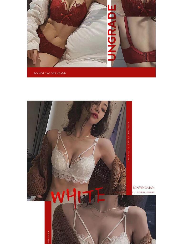 Women's Red Lace Bralette - French Style Gathered Design, Wireless, Anti-Sag