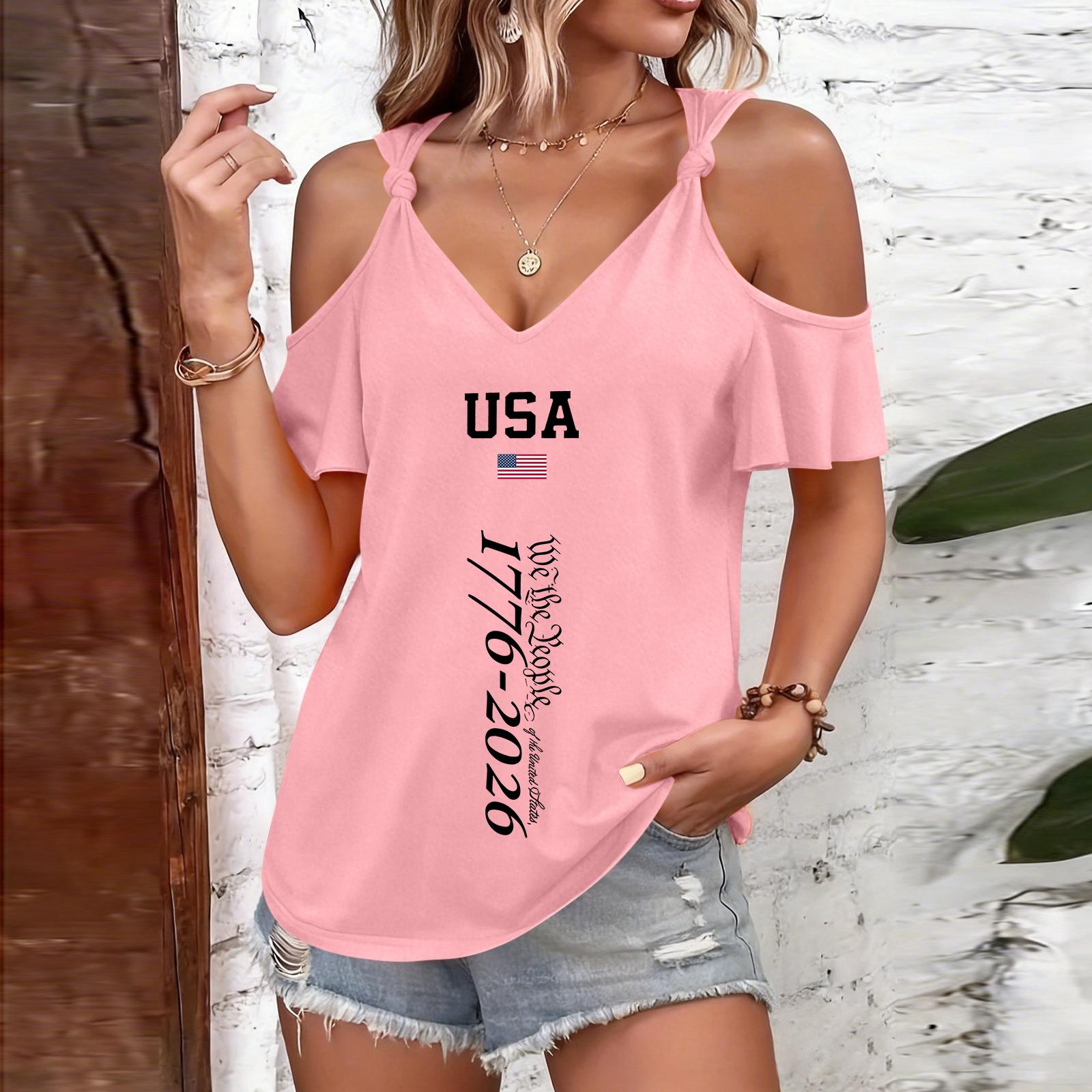

Short Sleeve Blouses for Women USA Print Cold Shoulder Women s Short Sleeve Tops Summer Casual Womens Short Sleeve Blouses Loose Fit M рожевий