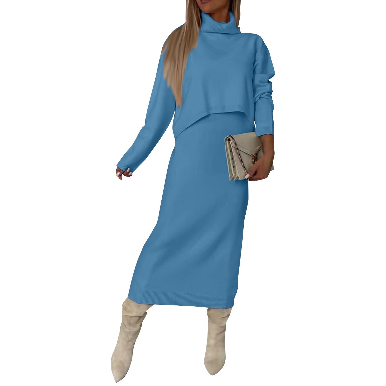 

Женская мода повседневная однотонная водолазка трикотажная юбка с запахом бедра комплект из двух предметов XXXL небесно-голубой