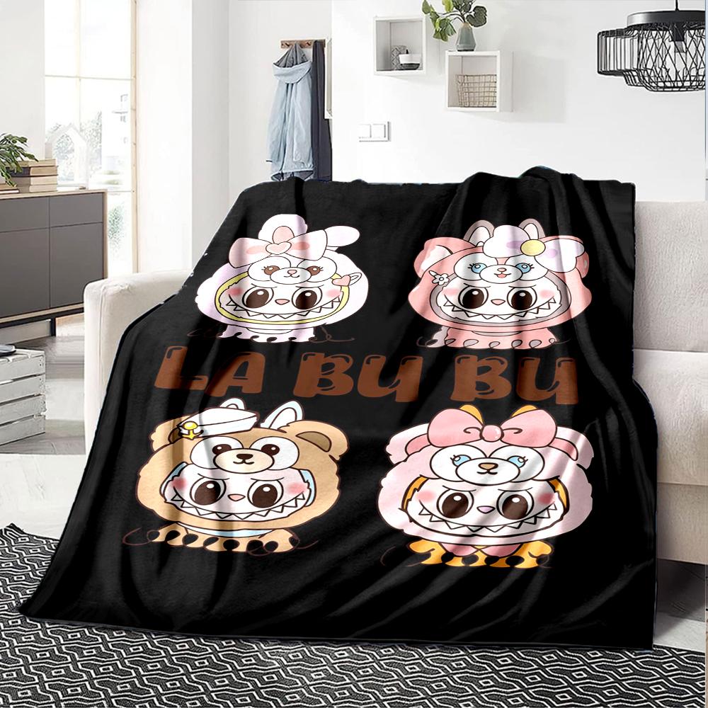 1Pc Labubu Cute Cartoon Blanket Soft Comfortable Polyester Blanket All Season Cozy Throw Bedroom Office Outdoor Use Christmas Gift Choice Print Home B