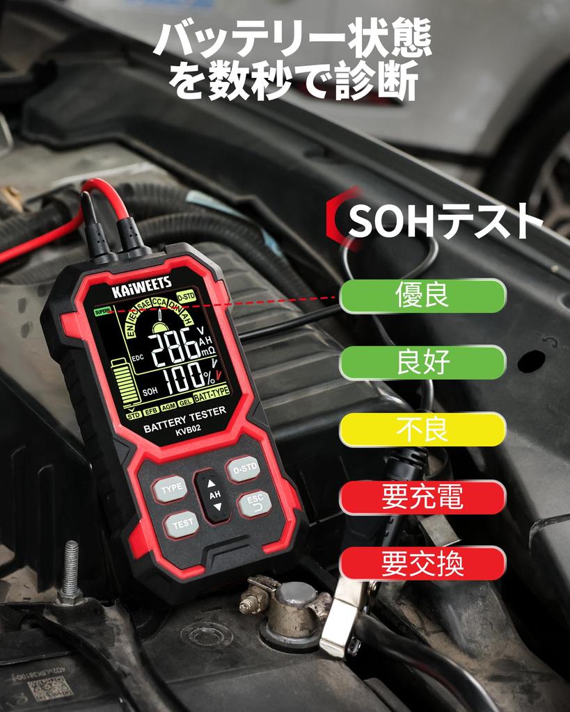 KAIWEETS Battery Checker: Battery Diagnostics, Voltage, Internal Resistance, CCA Measurement, SOH/SOC Display, Compatible with Lead-acid, EFB, AGM, an