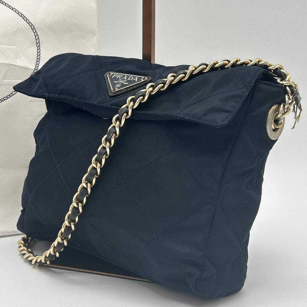 PRADA Shoulder Bag Tote Bag Single Shoulder Strap Tessuto Nylon Quilted Gold Chain Triangle Logo Plate White Tag