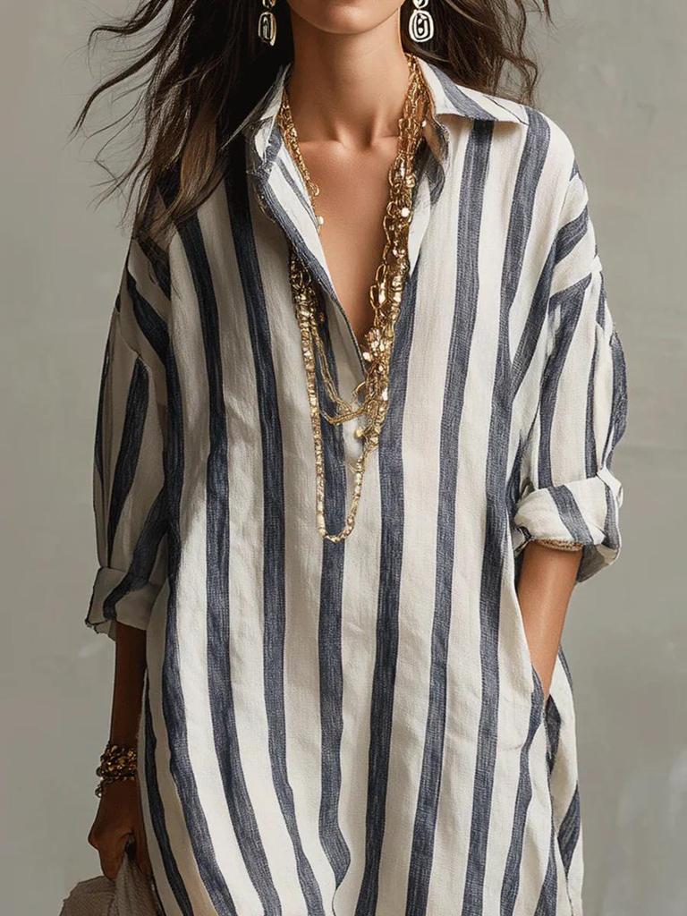 European & American V-Neck Striped Long Sleeve Summer Shirt Dress for Women