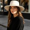 Travel Vacation Fashion Hat Retro Flat Top Hat, Wool Felt Pork Pie Bowler with Elegant Metal Ring, Wide Brim Trilby for Women Men Autumn Winter