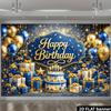2D planar dark blue gold luxurious birthday party backdrop with the center featuring the golden "Happy Birthday" text.PMJ