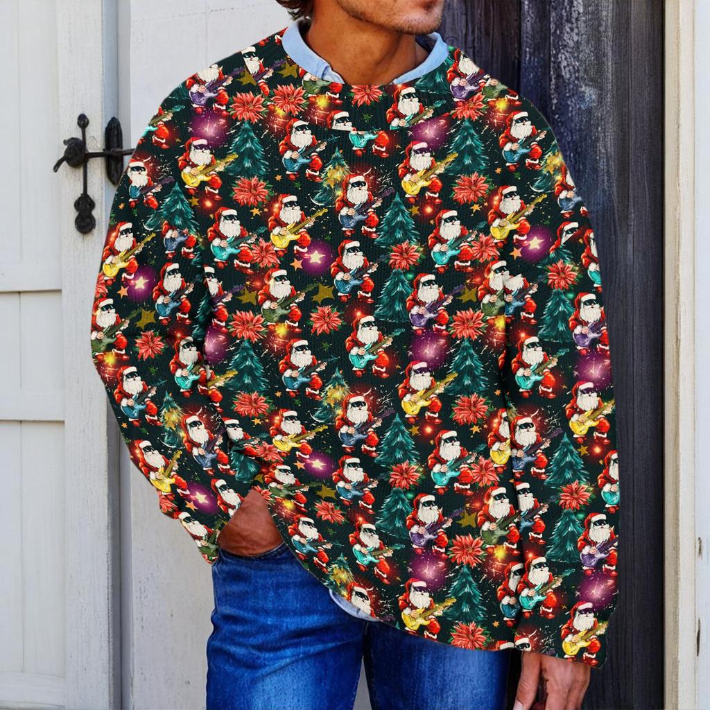 Men's Neck Knit Sweater with Christmas Print for Fall Winter Holiday