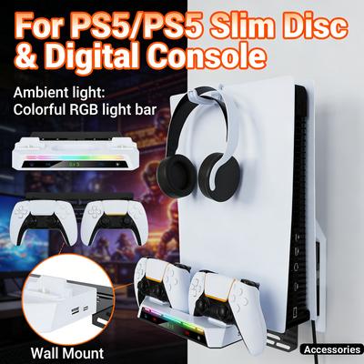 Wandhängender Ladeständer aus Metall mit Dual-Controller-Ladestation mit Headset-Halter für PS5 Slim/PS5-Konsole Disc & Digital