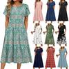 A Women's Round-neck Petal-sleeved, Short-sleeved Mid-length Printed Dress