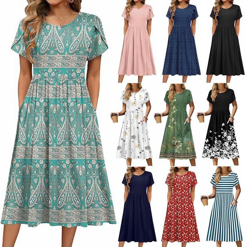 A Women's Round-neck Petal-sleeved, Short-sleeved Mid-length Printed Dress
