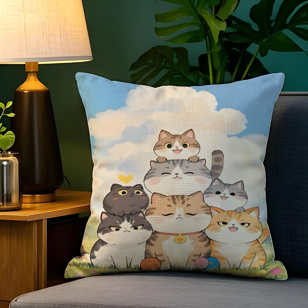 Spring Sunshine Cat Illustrations  Pillow Case Natural Linen Pillow Case DoubleSided Decor Sofa Pillowcase Home Decor
