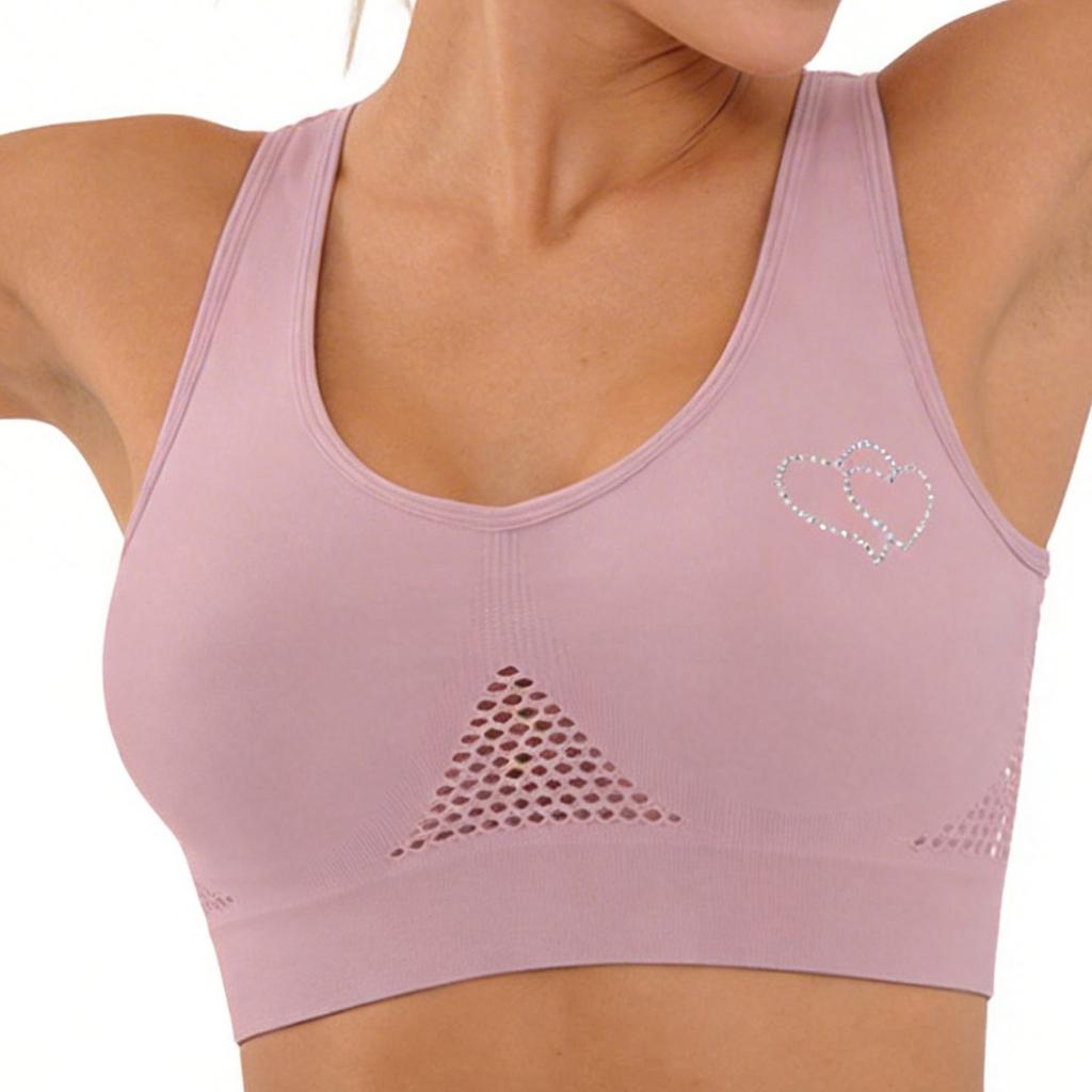 Zeriluna Breathable Mesh Rhinestone Sports Bra Shockproof wide shoulder straps, comfortable fit, seamless inner tank top