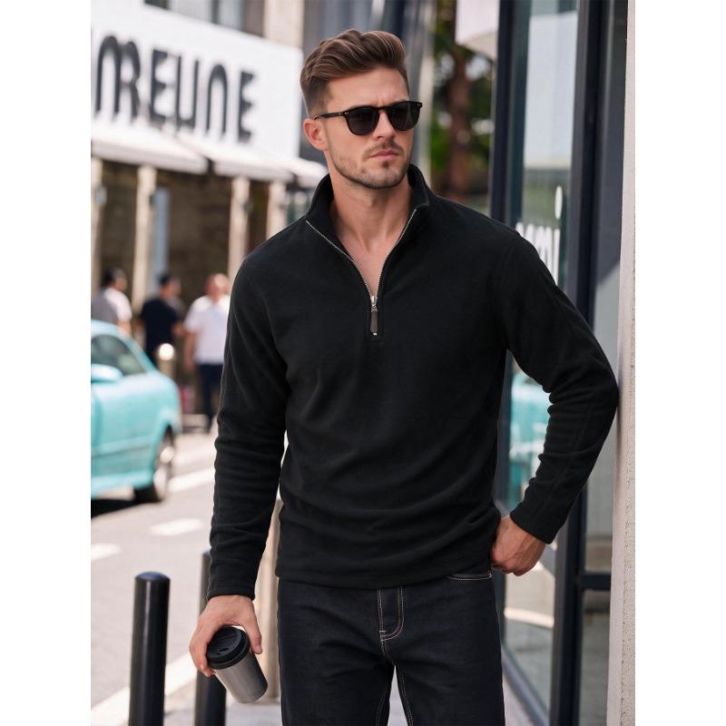 Men S Fleece Half Zip Solid Color Stand Collar Sweatshirt