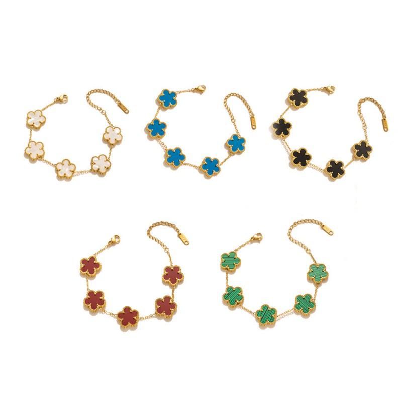 Titanium Steel Flower Bracelet Women Hypoallergenic Dual-Sided Design Colorful 5-Petal Floral Charm Elegant Daily Wear