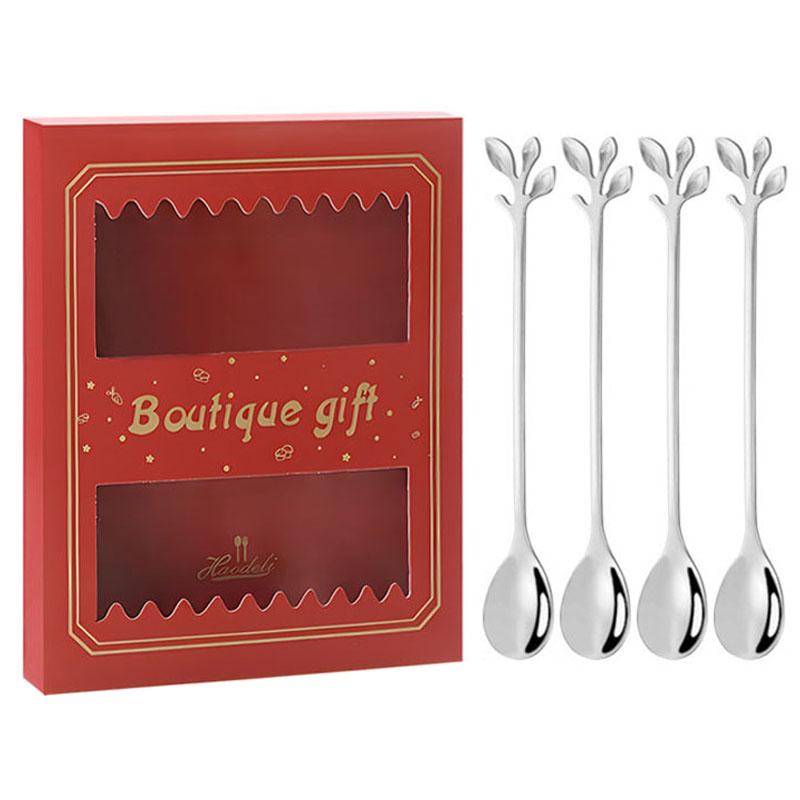 4PCS/Set 16.4 Cm Stainless Steel Leaf Coffee Spoons Tableware Dessert Spoons for Stirring, Mixing, Stirring