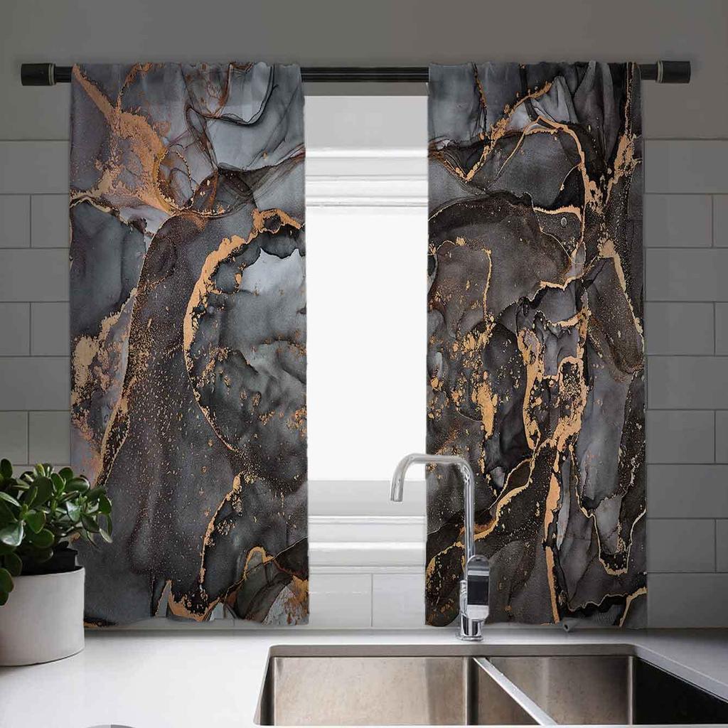 2pcs Marble Pattern Curtains Rod Pocket Decorative Window Drape Window Treatments For Bedroom Living Room Study Home Decoration