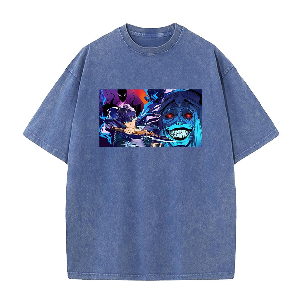 Hot Anime Solo Leveling Sung Jin-Woo Print Washed T-shirt Men Manga Cotton Tshirts Casual Loose Tee Harajuku Male Street T Shirt
