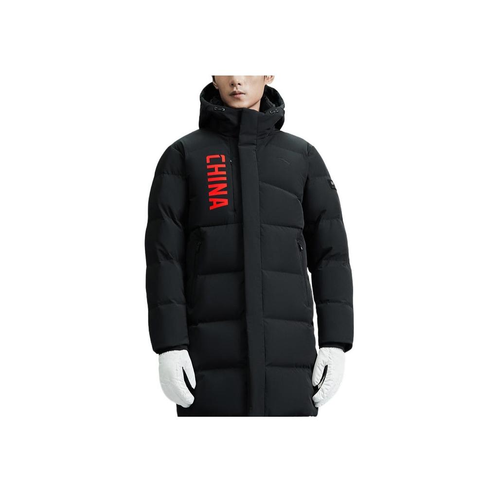 Anta Thickened Warm Mid-Length Down Jacket With Print Logo And Zipper Hood Men Outerwear Black 152317901-2