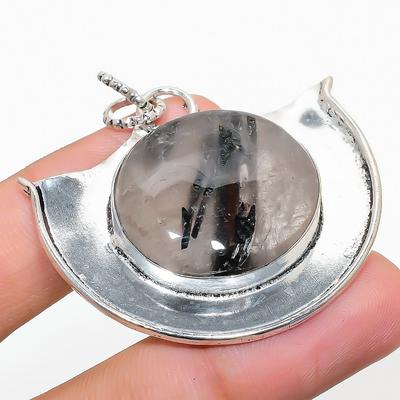 Natürlicher Schwarzer Rutil Edelstein Handgefertigter 925 Sterling Silber Anhänger 1.77" Q7f09