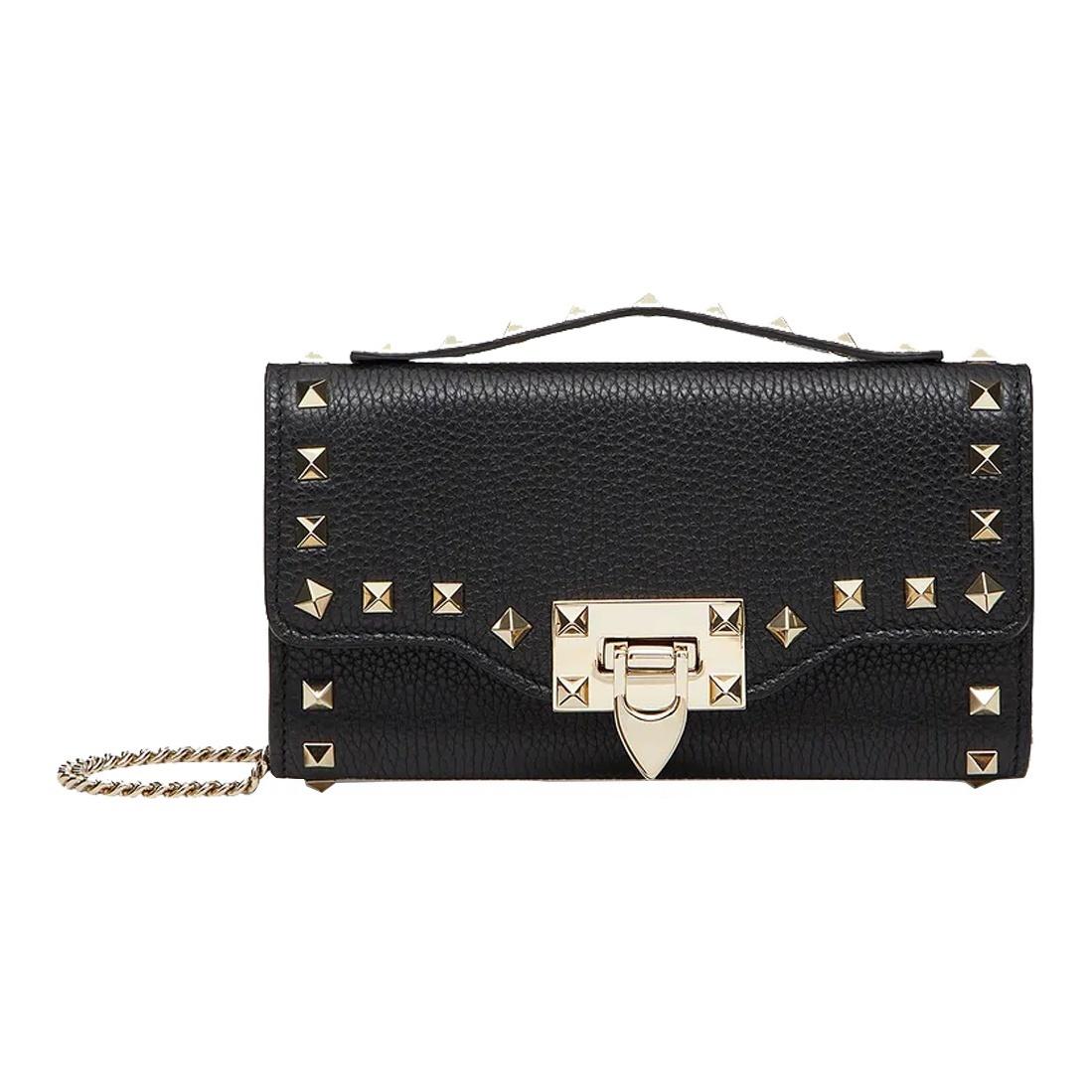 

Valentino GARAVANI Grained Leather Wallet with Metal Rivet Buckle Chain Strap Calfskin Women s Black Box(Basic Set+Box)