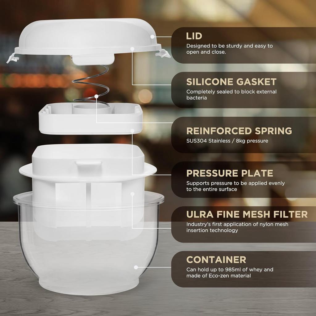 Joghurtbereiter mit feinem Sieb, abnehmbarer Druckplatte, als Aufbewahrungsbehälter mit Deckel verwendbar – Joghurt-Sieb auch perfekt zur Herstellung von Paneer,
