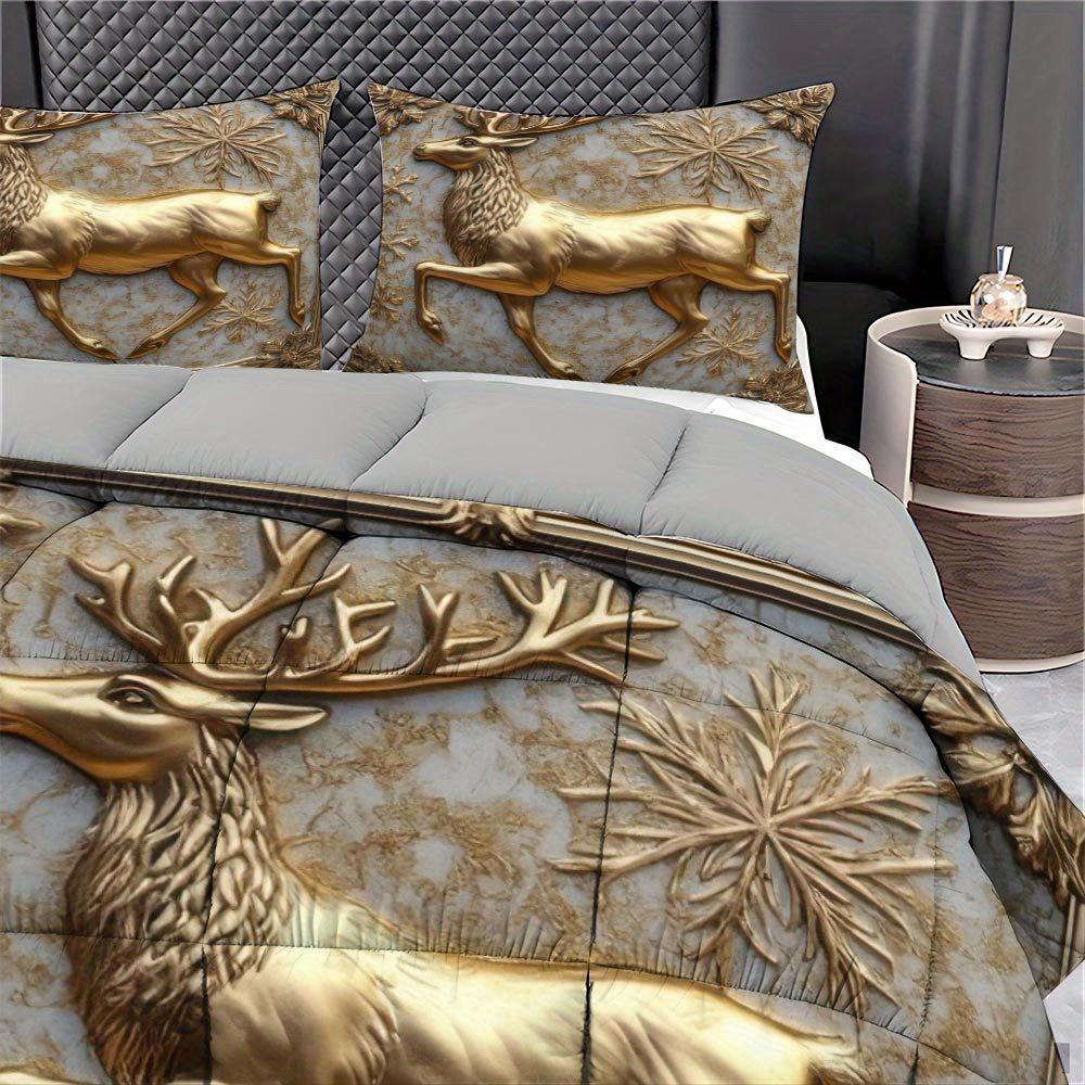 Latacaca 3 Pcs Christmas Theme Quilt Set Golden Reindeer thick blanket Set Festive and Warm Comforter Bedding Set 1 Quilt Cover
