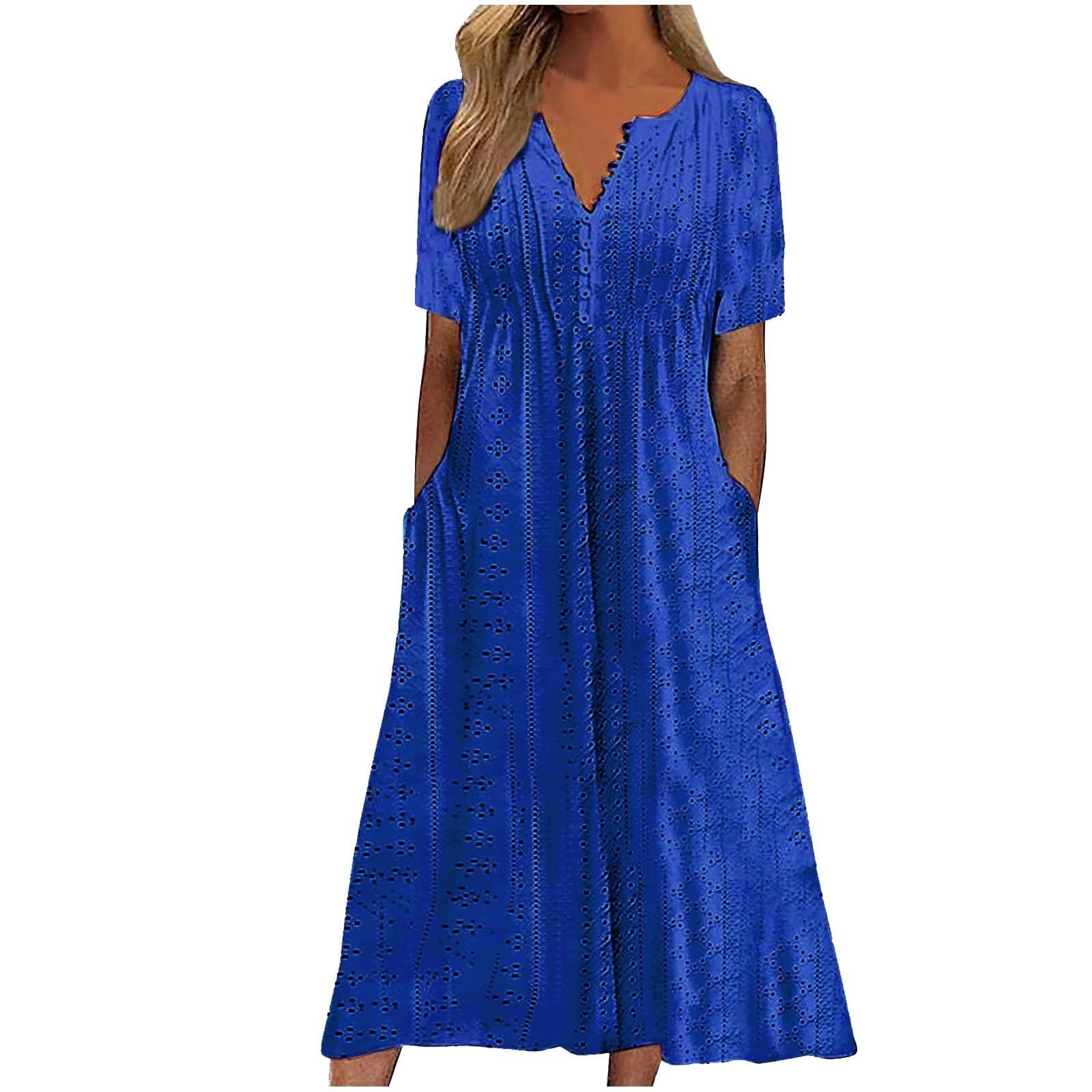 

Женское модное повседневное однотонное платье с круглым вырезом и коротким рукавом с карманом XL синий