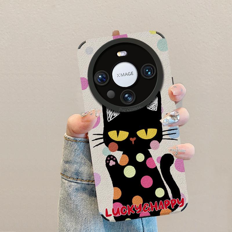 Trendy brand black cat is suitable for Huawei mate60pro mobile phone case lambskin p70 retro 50/40 premium glory 200.