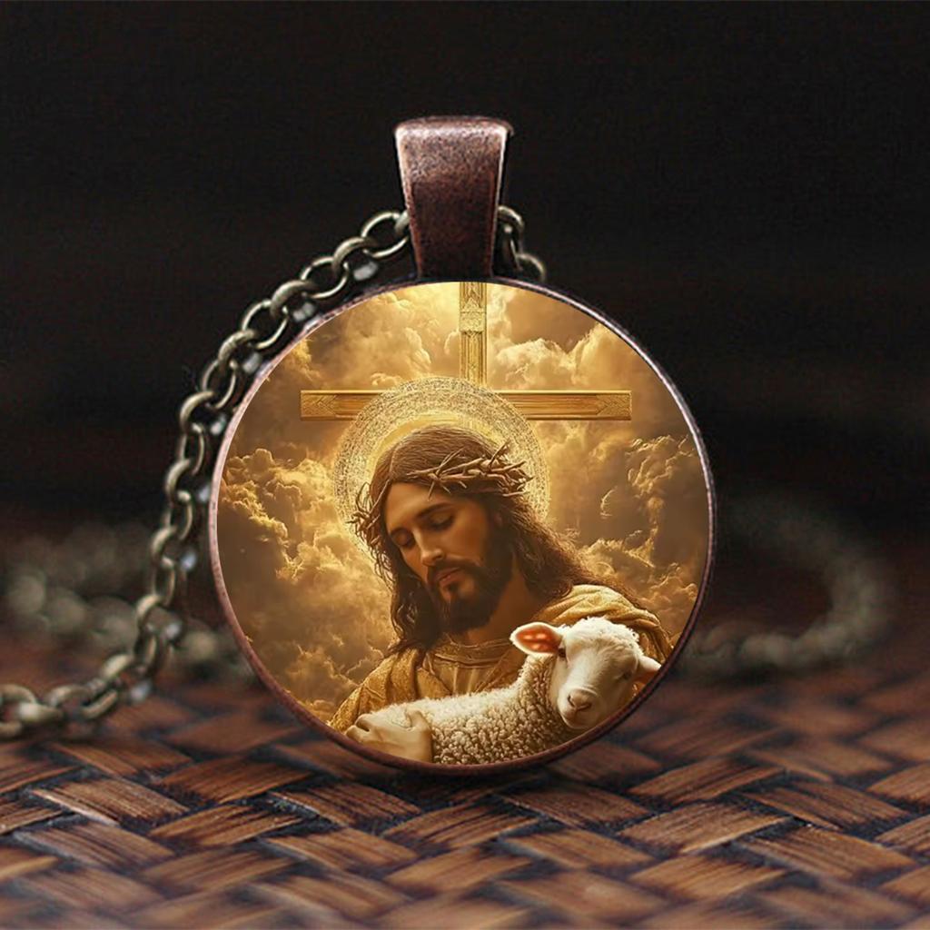 A Jesus Holding the Lamb Necklace Pendant, a Gentle Embrace of Faith, Christian Jesus Glass Pendant Necklace Accessories Suitable for Daily Wear